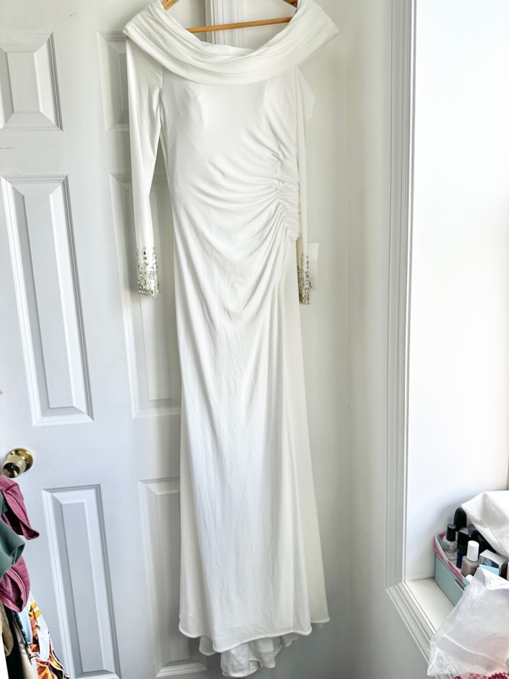 NWT Mac Duggal White Off-Shoulder Long Sleeve Evening Gown